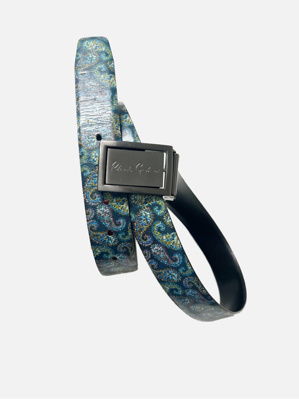 Robert Graham Mens Black Reversible Leather Belt with Brushed Metal Logo Buckle - Picture 2 of 11